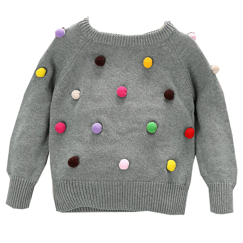 Girls Winter Grey Sweatshirt Cute Peter Pan Collar Openings at Cuffs with Colorful Poms Casual And Pretty Sweatshirt for Kids
