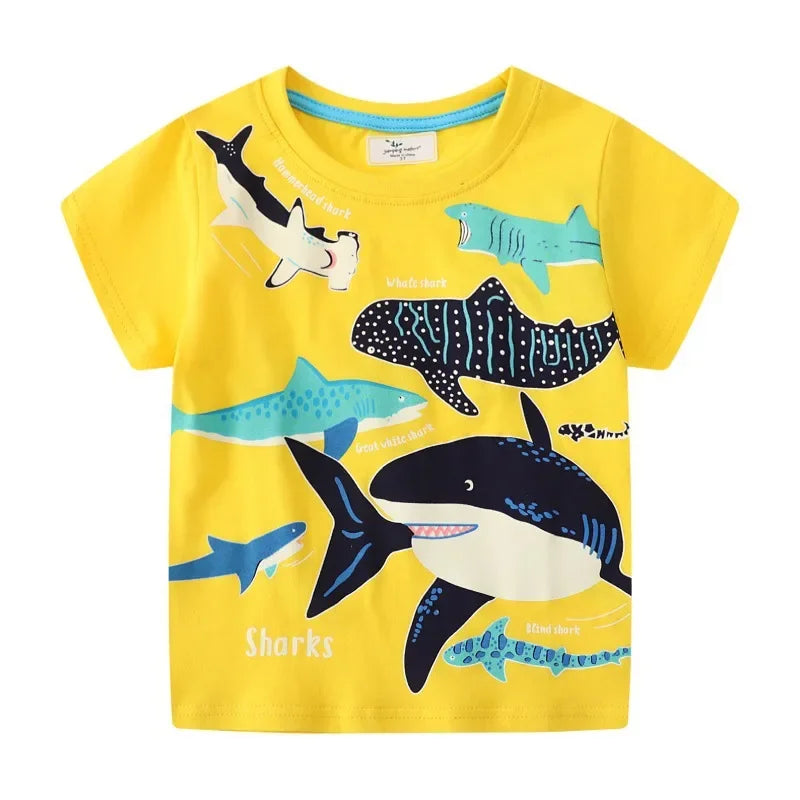 2-7 Years Kids Glow in Dark Cartoon Shark Dinosaur T-Shirt 100% Cotton Baby Boys Summer Short Sleeve Tee Tops