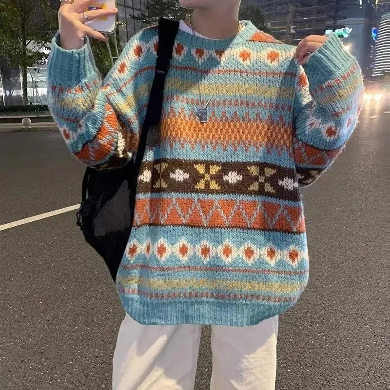 Men’s Vintage Sweater – Ethnic Striped Loose Fit Knitted Crew Neck Top