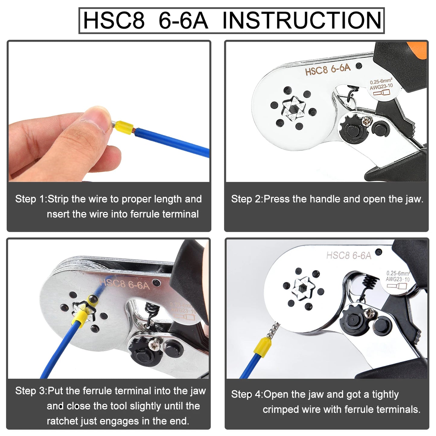 Ferrule Crimping Tool HSC8 6-4 / 6-6 – Mini Electrical Pliers for Wire Terminal Sleeves, 0.25-10mm² Hand Crimper Clamp for Cable Repair