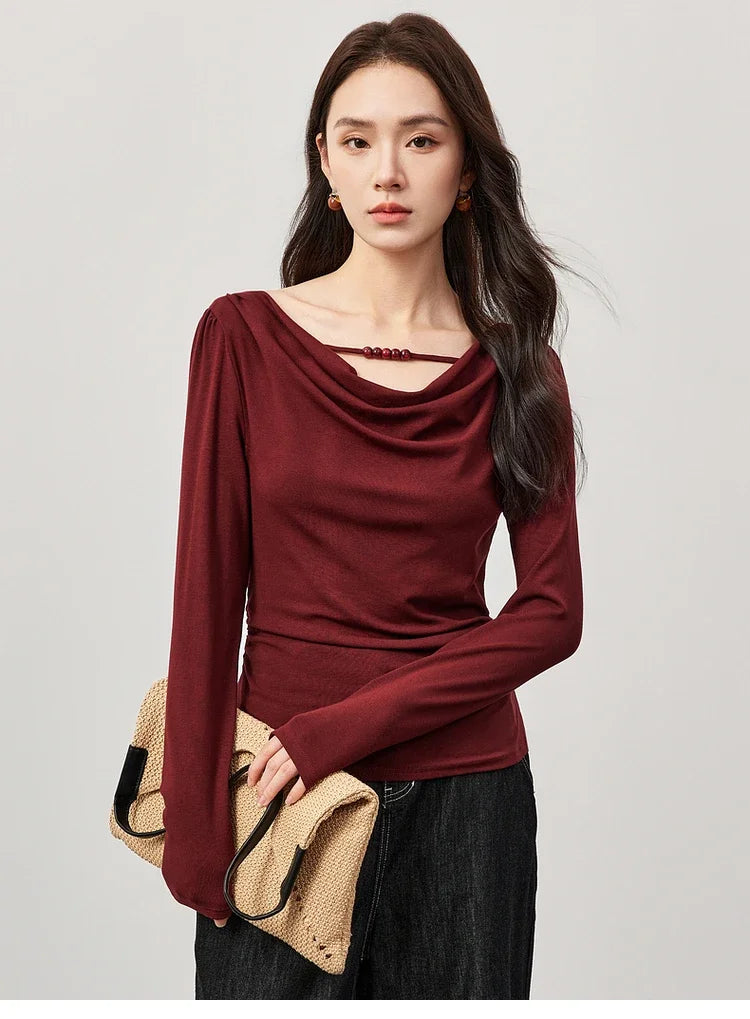 Women’s Swing Collar Slim Fit T-Shirt – Long Sleeve Knitted Pullover, Spring 2025 Fashion
