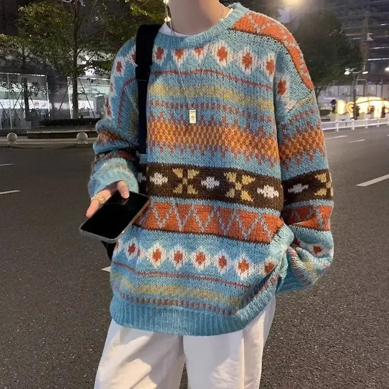 Men’s Vintage Sweater – Ethnic Striped Loose Fit Knitted Crew Neck Top