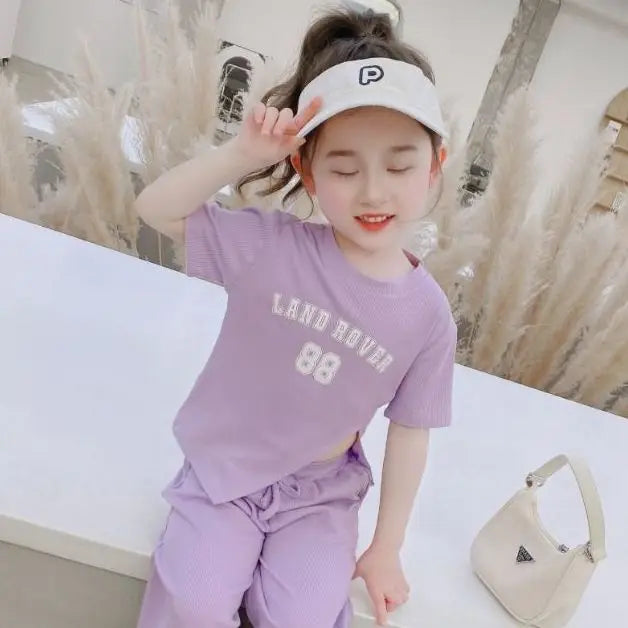 1Set Summer Baby Sets Children's Clothing Girls Kids Toddler Clothes Fashion T-shirt Top + Length Pants Adolescent Sport Clothes