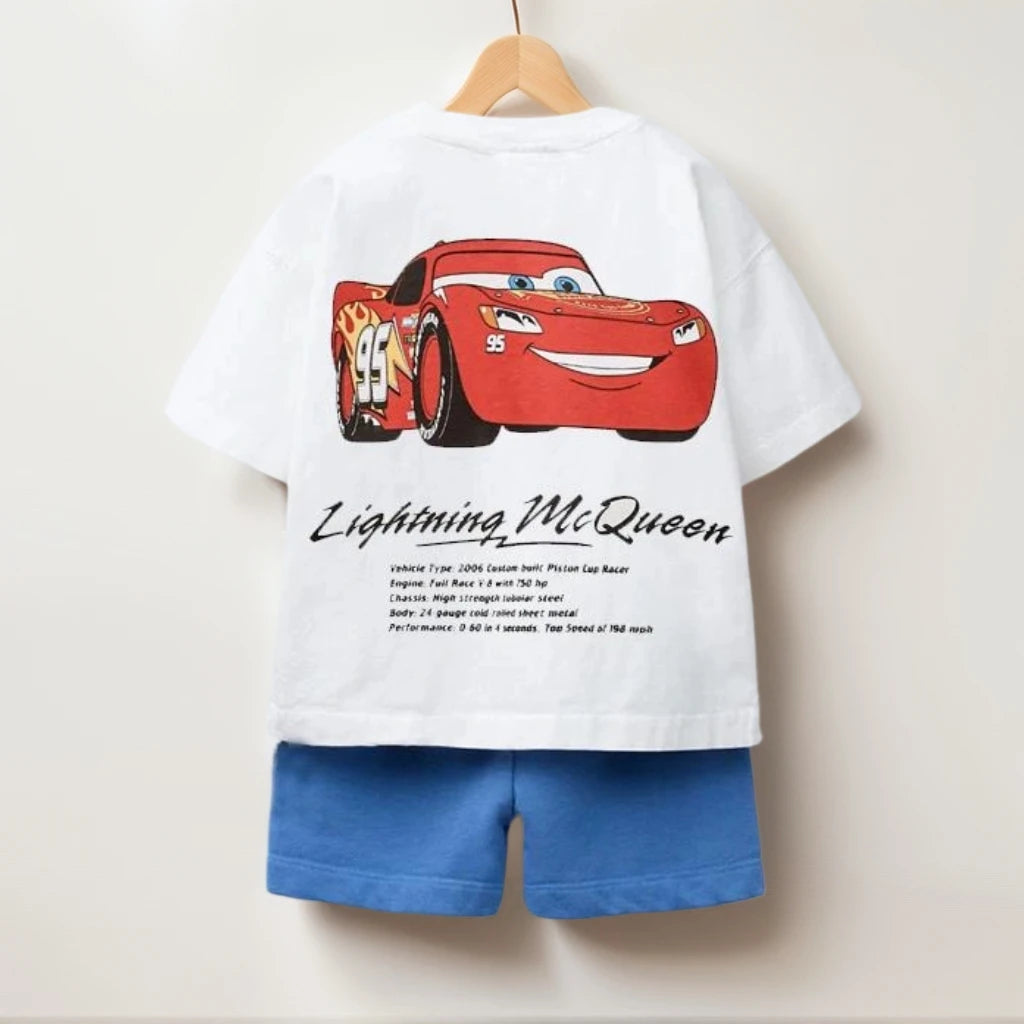 Summer Kids Clothing Set Cartoon Car Print T-Shirt + Shorts Boys Girls Casual Outfit Round Neck Tee with Simple Loose Shorts