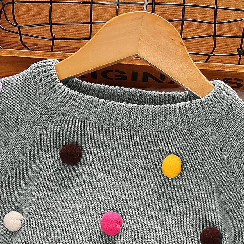 Girls Winter Grey Sweatshirt Cute Peter Pan Collar Openings at Cuffs with Colorful Poms Casual And Pretty Sweatshirt for Kids