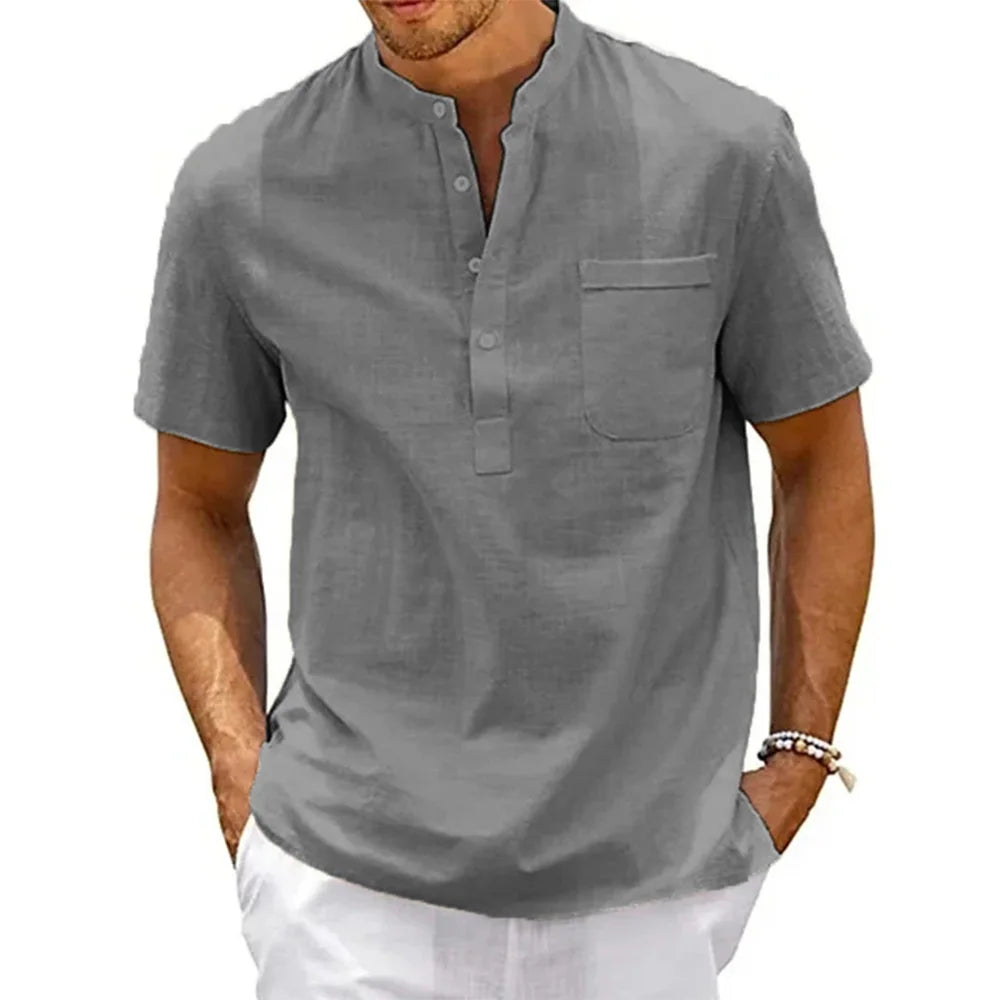 Men’s Cotton Linen Henley Shirt – Short Sleeve Pocket Top, Casual Beach Streetwear
