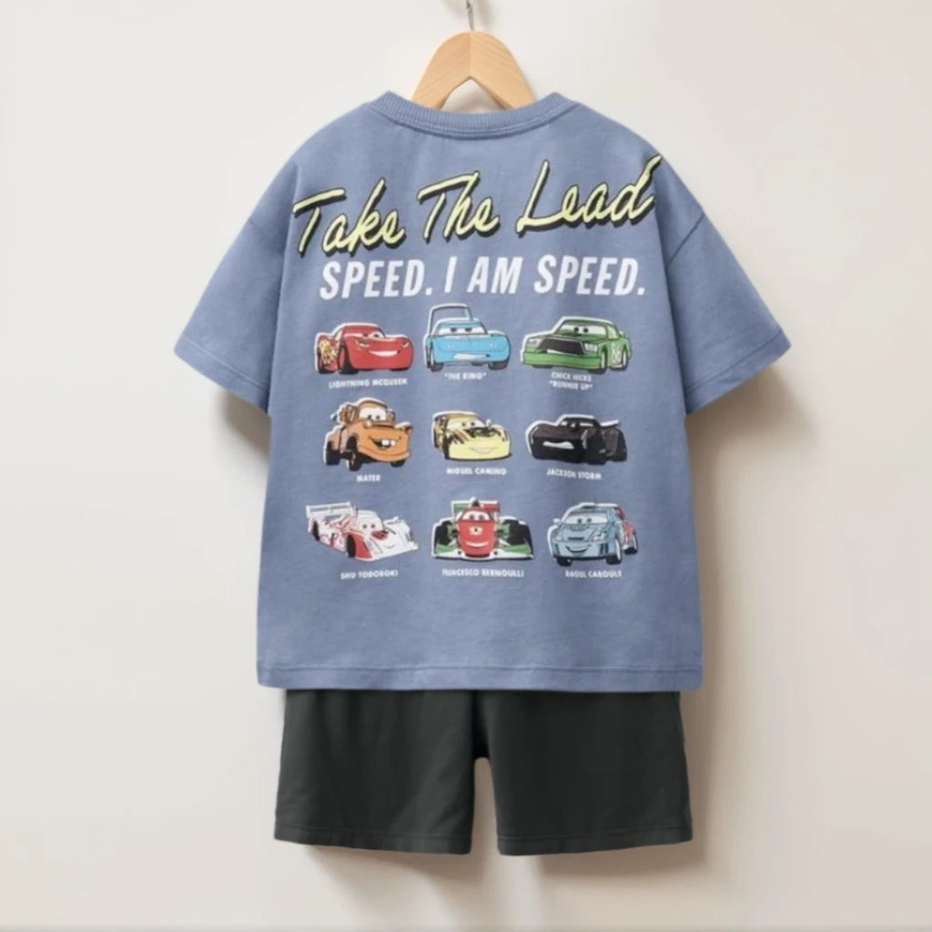 Summer Kids Clothing Set Cartoon Car Print T-Shirt + Shorts Boys Girls Casual Outfit Round Neck Tee with Simple Loose Shorts