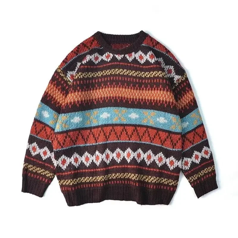 Men’s Vintage Sweater – Ethnic Striped Loose Fit Knitted Crew Neck Top