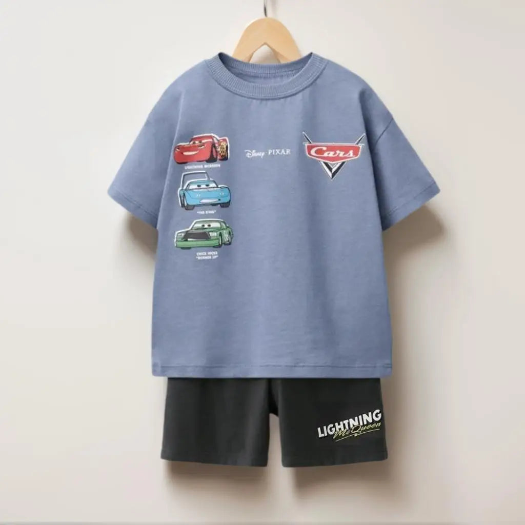 Summer Kids Clothing Set Cartoon Car Print T-Shirt + Shorts Boys Girls Casual Outfit Round Neck Tee with Simple Loose Shorts