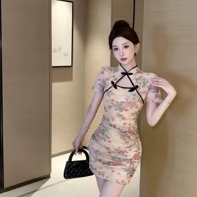 Women’s Vintage Qipao Mini Dress – Sexy Summer Cheongsam, Elegant Club Bodycon Dress