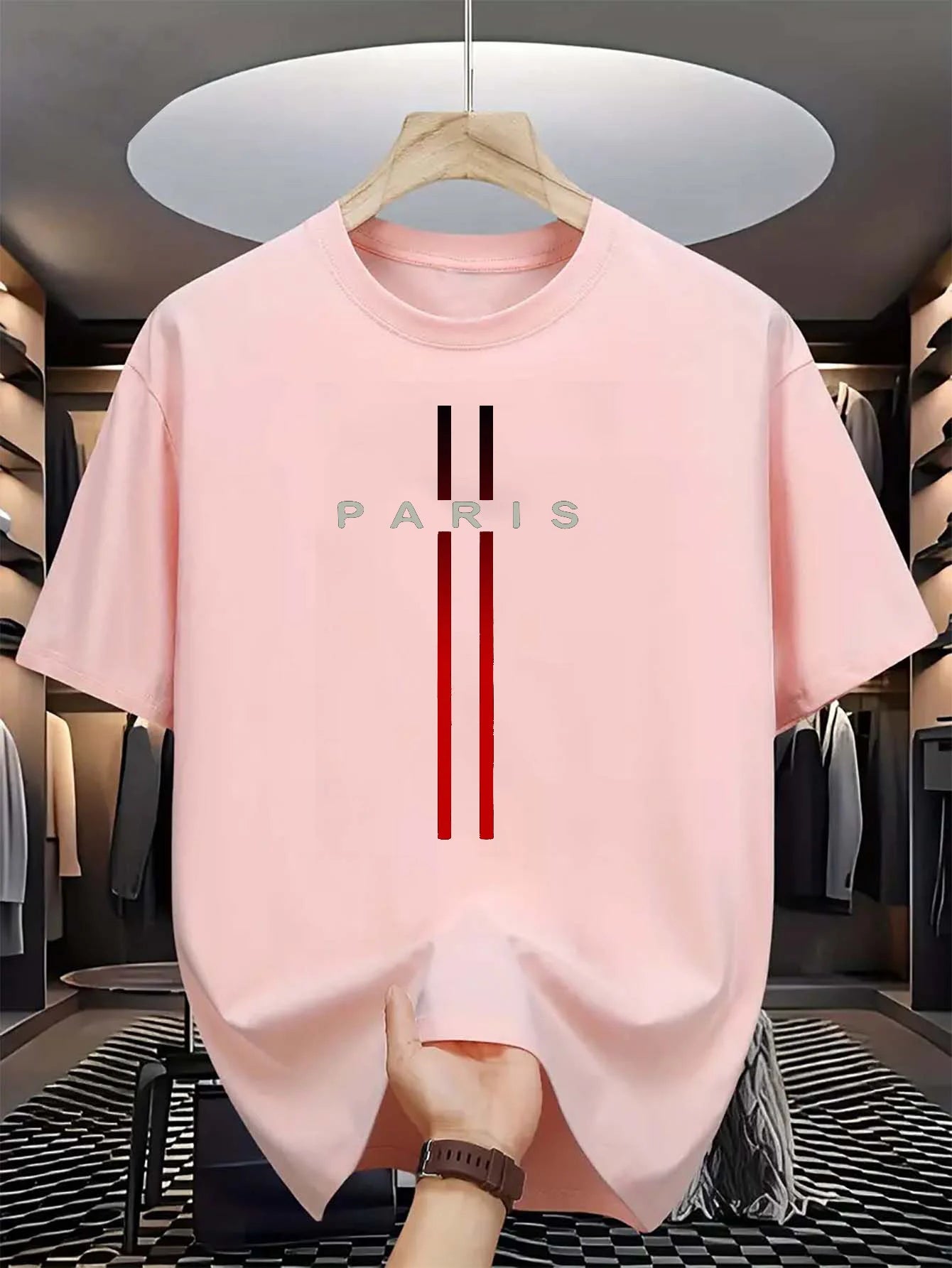 Men’s Cotton Summer T-Shirt – Loose Fit, Paris Letter Print, Round Neck Short Sleeve Top