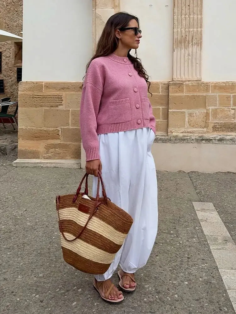 Casual Solid Knitted Sweater Women Street Single Breasted O-neck Full Sleeve Loose Open Stitch Female 2025 Autumn Lady Outwears