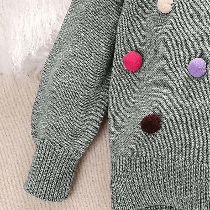 Girls Winter Grey Sweatshirt Cute Peter Pan Collar Openings at Cuffs with Colorful Poms Casual And Pretty Sweatshirt for Kids