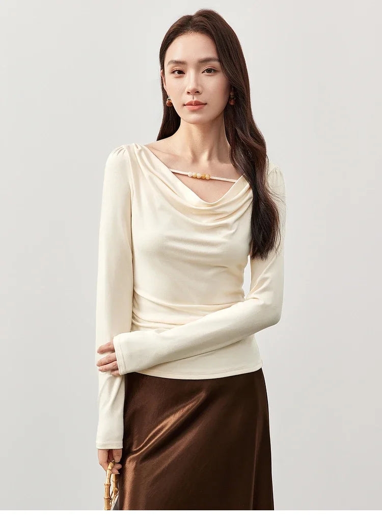 Women’s Swing Collar Slim Fit T-Shirt – Long Sleeve Knitted Pullover, Spring 2025 Fashion