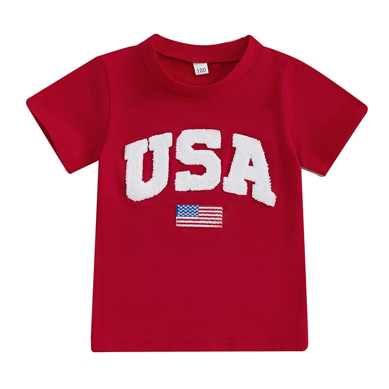 Kids Independence Day T-Shirt USA Flag Embroidery Patriotic Short Sleeve Tee