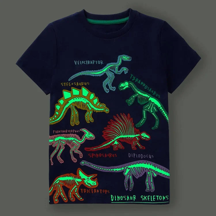 2-7 Years Kids Glow in Dark Cartoon Shark Dinosaur T-Shirt 100% Cotton Baby Boys Summer Short Sleeve Tee Tops
