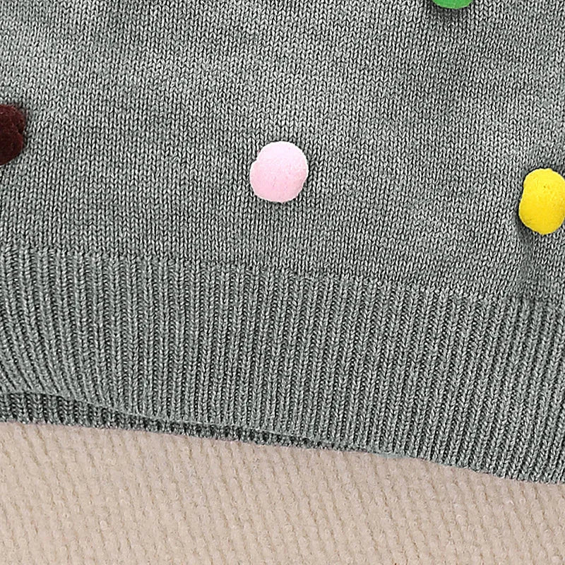 Girls Winter Grey Sweatshirt Cute Peter Pan Collar Openings at Cuffs with Colorful Poms Casual And Pretty Sweatshirt for Kids