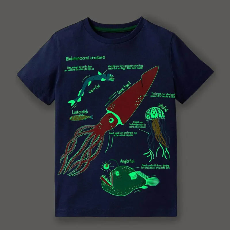 2-7 Years Kids Glow in Dark Cartoon Shark Dinosaur T-Shirt 100% Cotton Baby Boys Summer Short Sleeve Tee Tops
