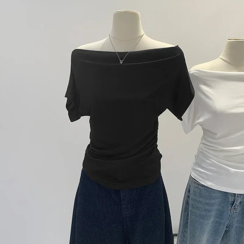 Summer Pure Desire One Shoulder Black Short Sleeve Women's T-shirt Korean Style Slimming Top Exposed Shoulder Fashionable