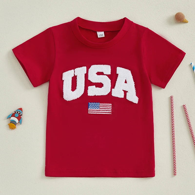 Kids Independence Day T-Shirt USA Flag Embroidery Patriotic Short Sleeve Tee