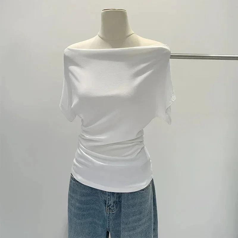 Summer Pure Desire One Shoulder Black Short Sleeve Women's T-shirt Korean Style Slimming Top Exposed Shoulder Fashionable