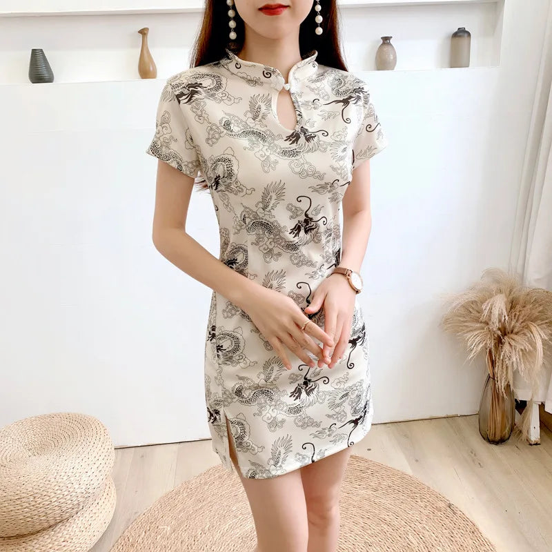 Women’s Vintage Qipao Mini Dress – Sexy Summer Cheongsam, Elegant Club Bodycon Dress