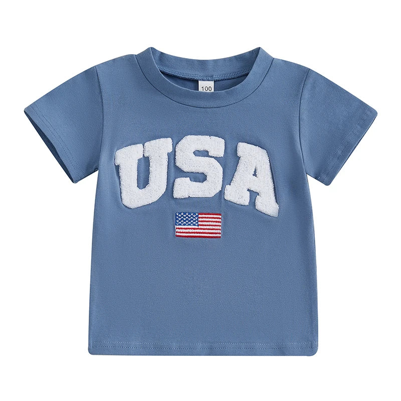 Kids Independence Day T-Shirt USA Flag Embroidery Patriotic Short Sleeve Tee