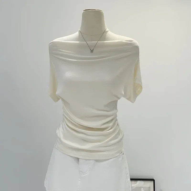 Summer Pure Desire One Shoulder Black Short Sleeve Women's T-shirt Korean Style Slimming Top Exposed Shoulder Fashionable