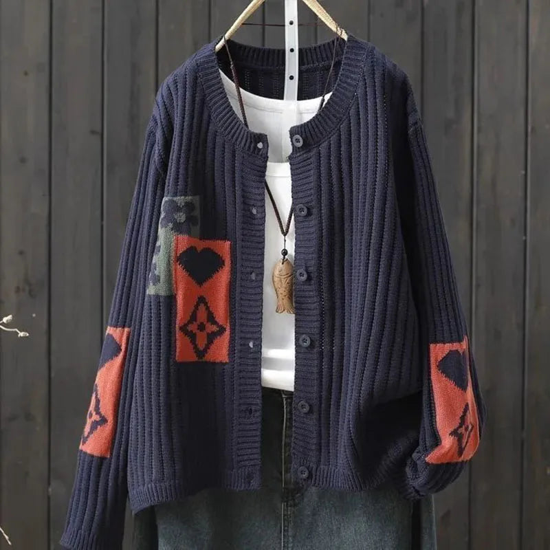 Women's Clothing Jacquard Casual Sweaters Autumn Long Sleeve Loose Knit Floral Cardigan Lady O-neck All-match Fashion Top Coat