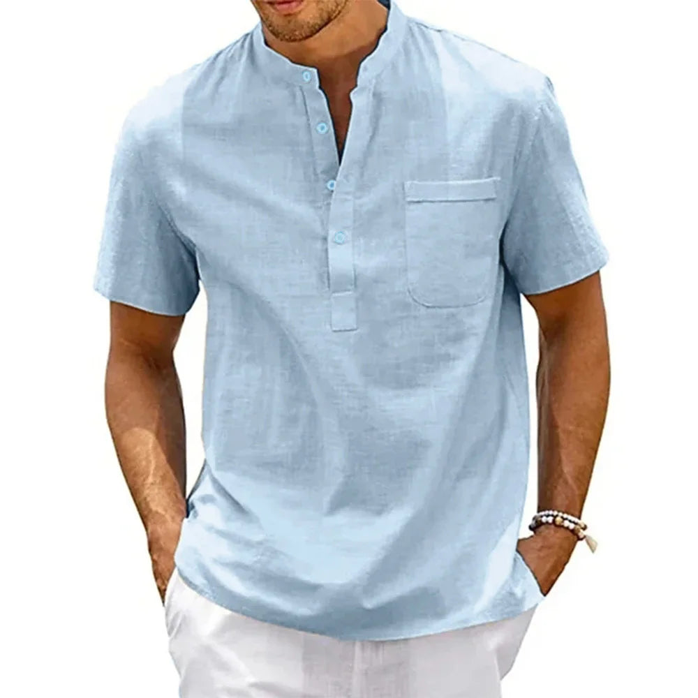 Men’s Cotton Linen Henley Shirt – Short Sleeve Pocket Top, Casual Beach Streetwear