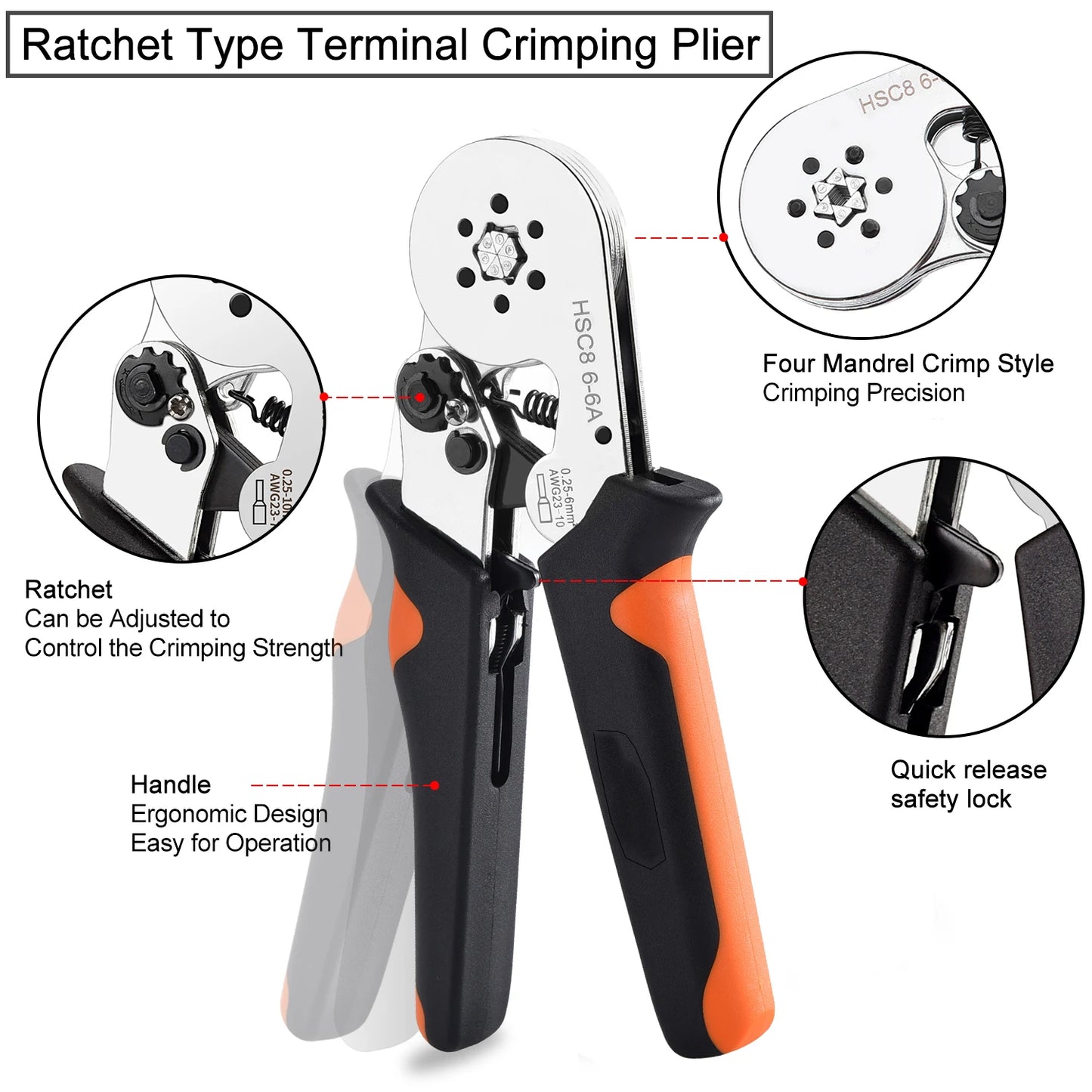 Ferrule Crimping Tool HSC8 6-4 / 6-6 – Mini Electrical Pliers for Wire Terminal Sleeves, 0.25-10mm² Hand Crimper Clamp for Cable Repair