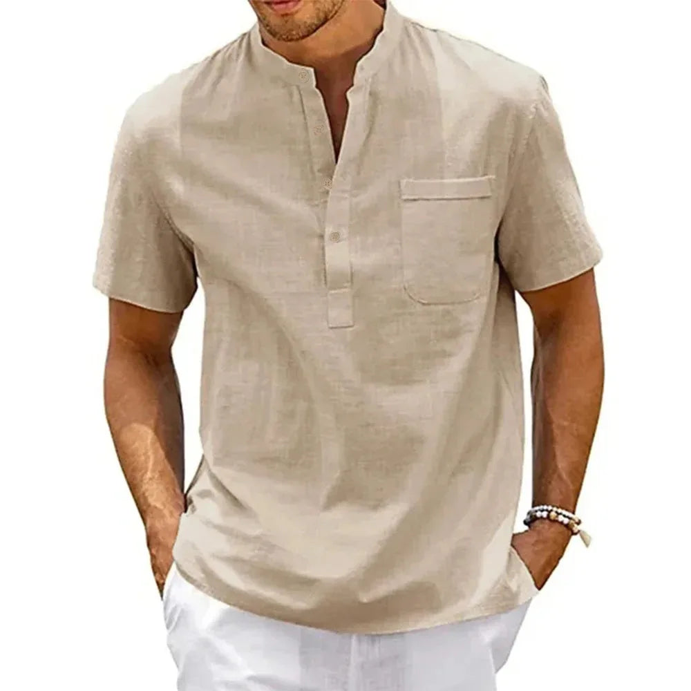 Men’s Cotton Linen Henley Shirt – Short Sleeve Pocket Top, Casual Beach Streetwear