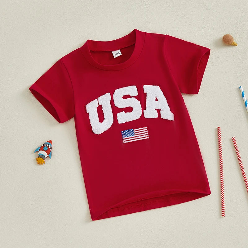 Kids Independence Day T-Shirt USA Flag Embroidery Patriotic Short Sleeve Tee