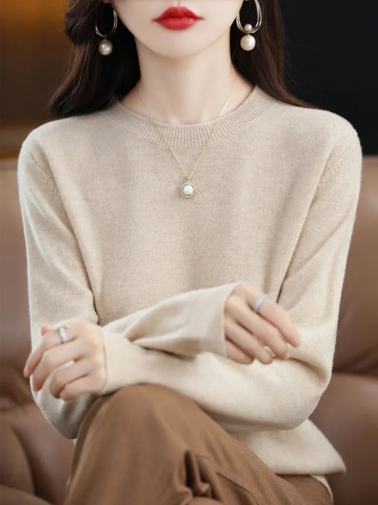 Fashion 100% Merino Wool Women's Sweater O-Neck Long Sleeve Pullover Spring Autumn Winter Basic Jumper Clothing Knitwear Tops