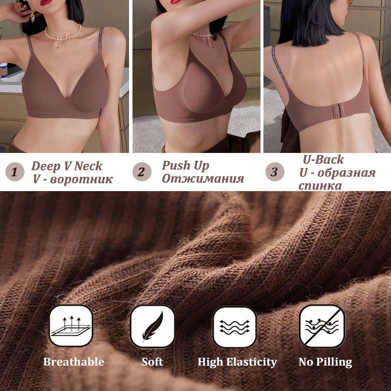 Women’s Seamless Deep V Neck Bralette – Sexy Push Up Wireless Bra, Lingerie Letter Strap Top, Comfortable Underwear for Women