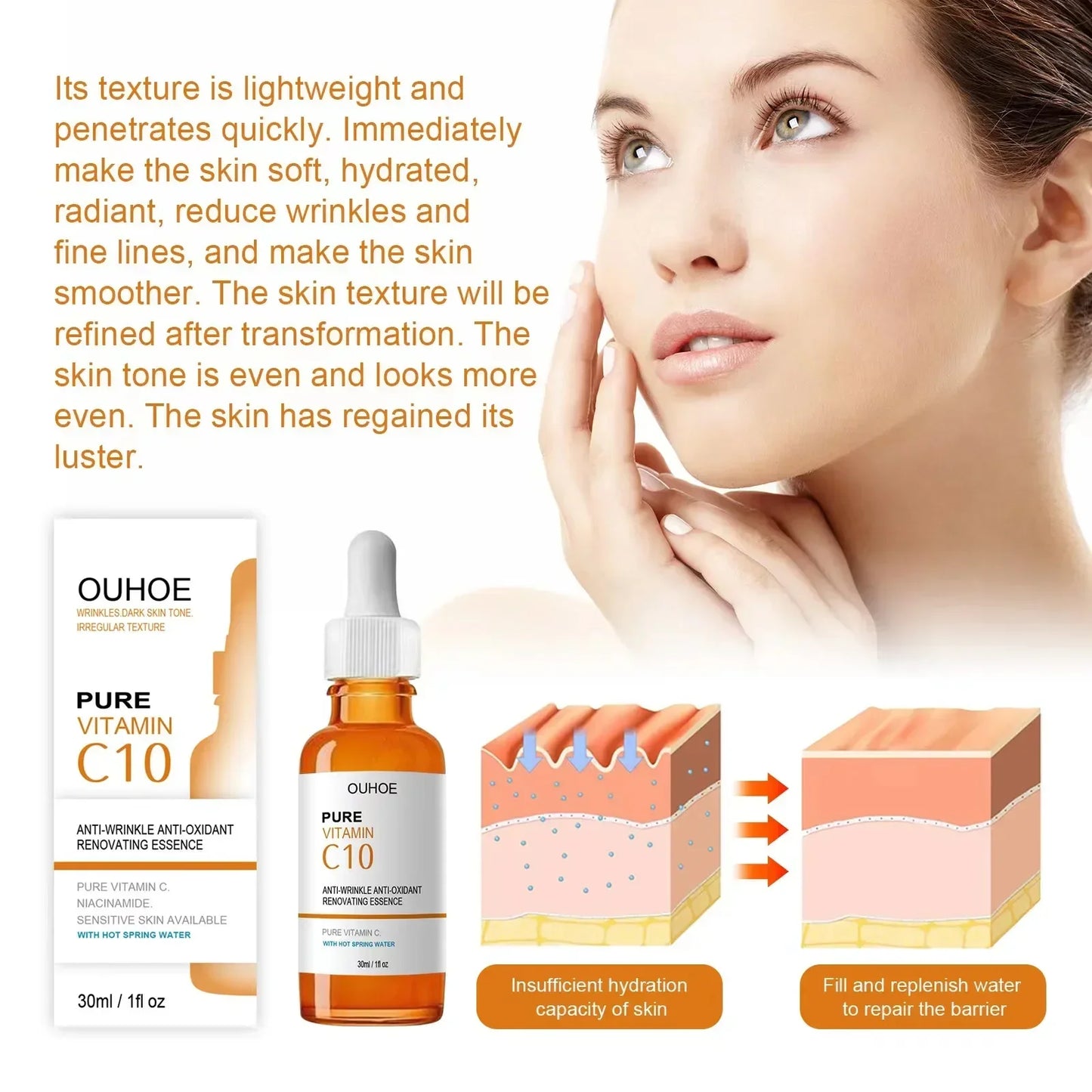 Vitamin C Face Serum – Anti-Aging Essence for Wrinkle Removal, Skin Firming, Fine Line Fading, Brightening & Nourishing Care