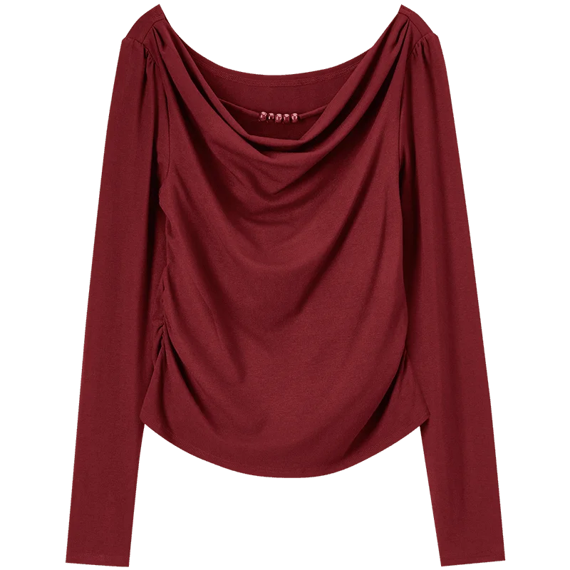 Women’s Swing Collar Slim Fit T-Shirt – Long Sleeve Knitted Pullover, Spring 2025 Fashion