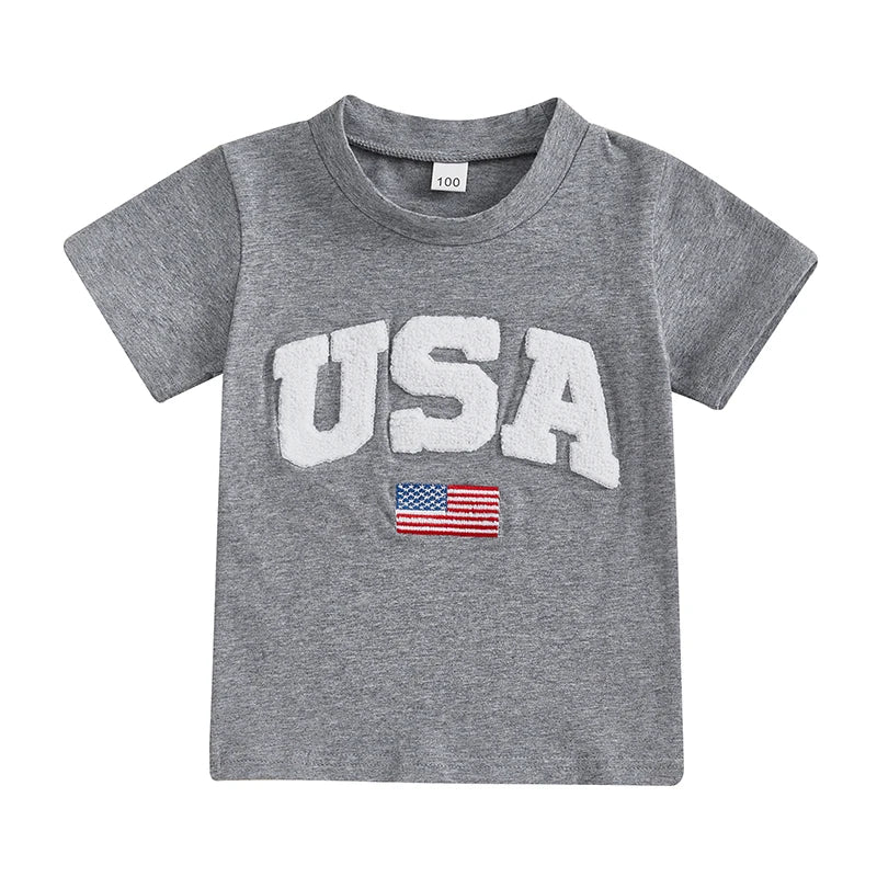 Kids Independence Day T-Shirt USA Flag Embroidery Patriotic Short Sleeve Tee