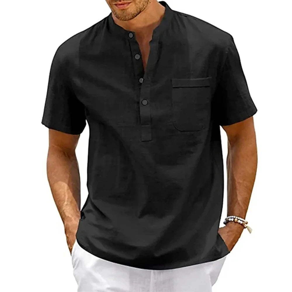 Men’s Cotton Linen Henley Shirt – Short Sleeve Pocket Top, Casual Beach Streetwear