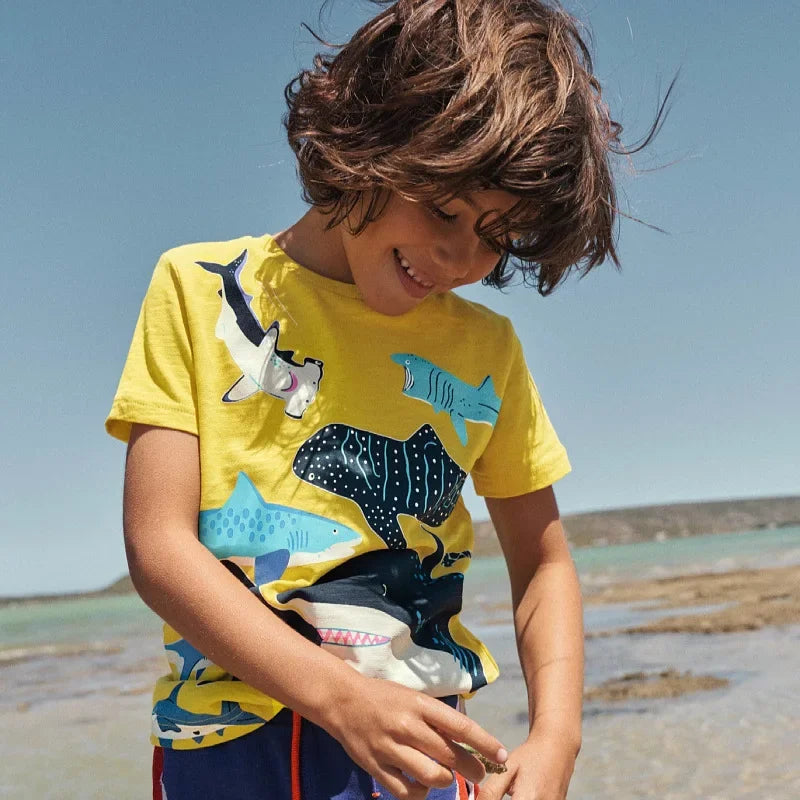 2-7 Years Kids Glow in Dark Cartoon Shark Dinosaur T-Shirt 100% Cotton Baby Boys Summer Short Sleeve Tee Tops