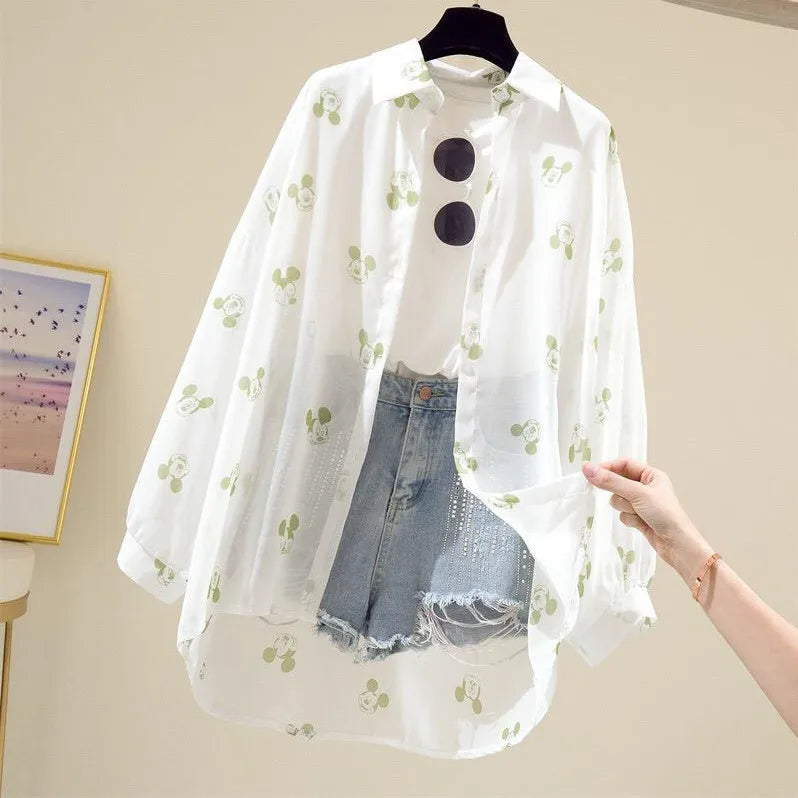Mickey Mouse Blouse Ladies Long Sleeve Women Shirt Beach Shirts Kawaii Cartoon Summer Disney Clothes Cover-Up Top Casual