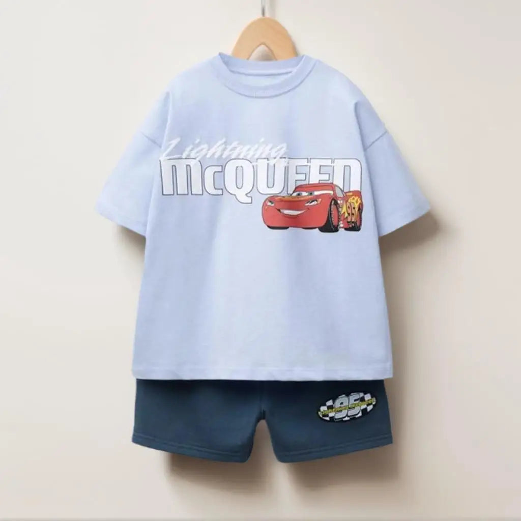 Summer Kids Clothing Set Cartoon Car Print T-Shirt + Shorts Boys Girls Casual Outfit Round Neck Tee with Simple Loose Shorts