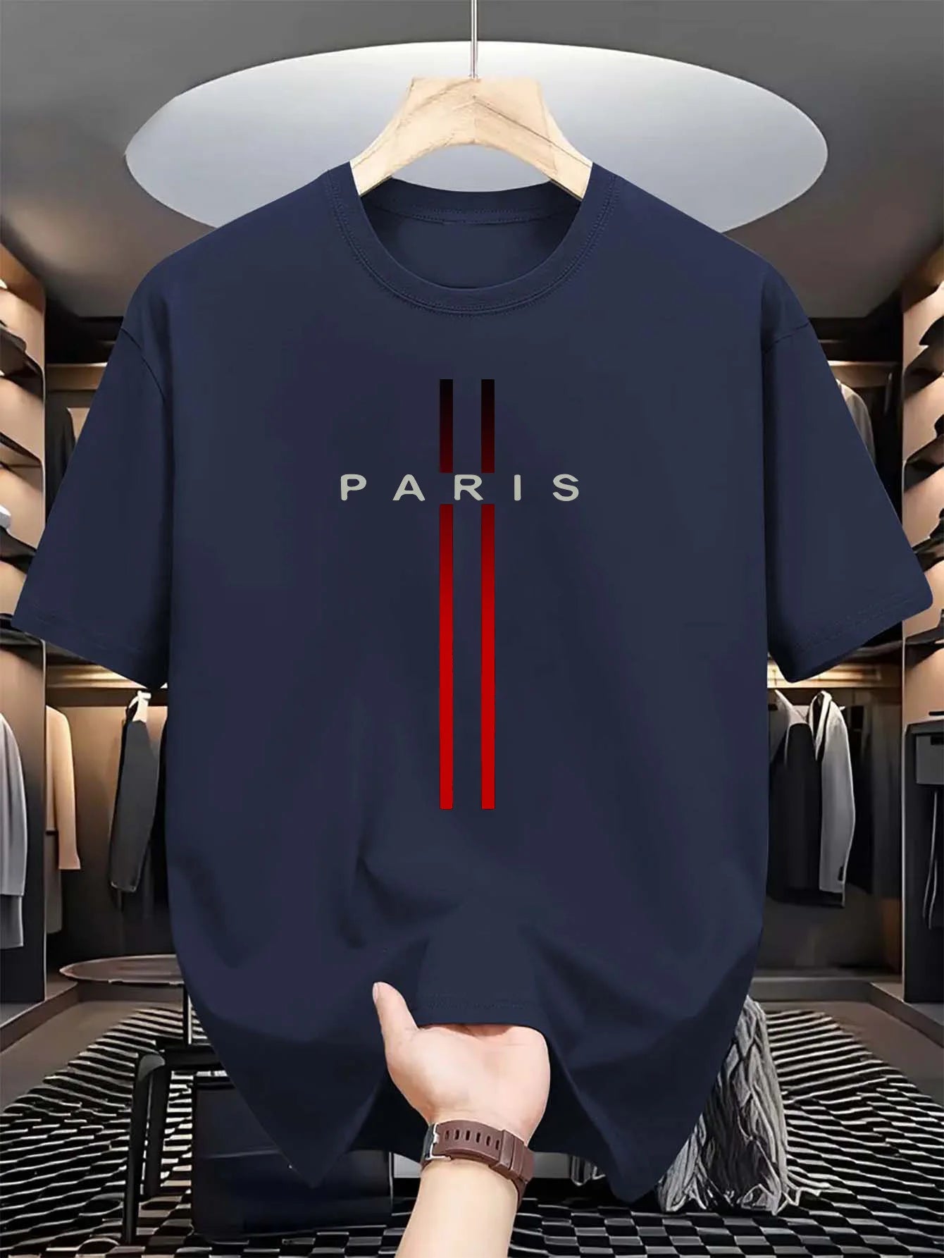 Men’s Cotton Summer T-Shirt – Loose Fit, Paris Letter Print, Round Neck Short Sleeve Top