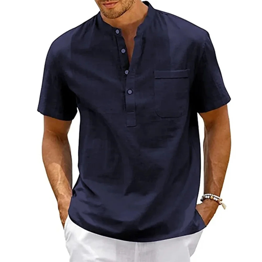 Men’s Cotton Linen Henley Shirt – Short Sleeve Pocket Top, Casual Beach Streetwear
