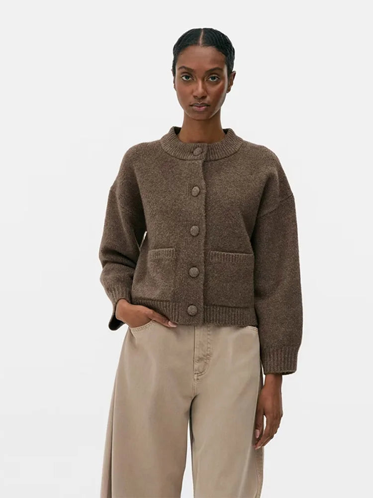 Casual Solid Knitted Sweater Women Street Single Breasted O-neck Full Sleeve Loose Open Stitch Female 2025 Autumn Lady Outwears