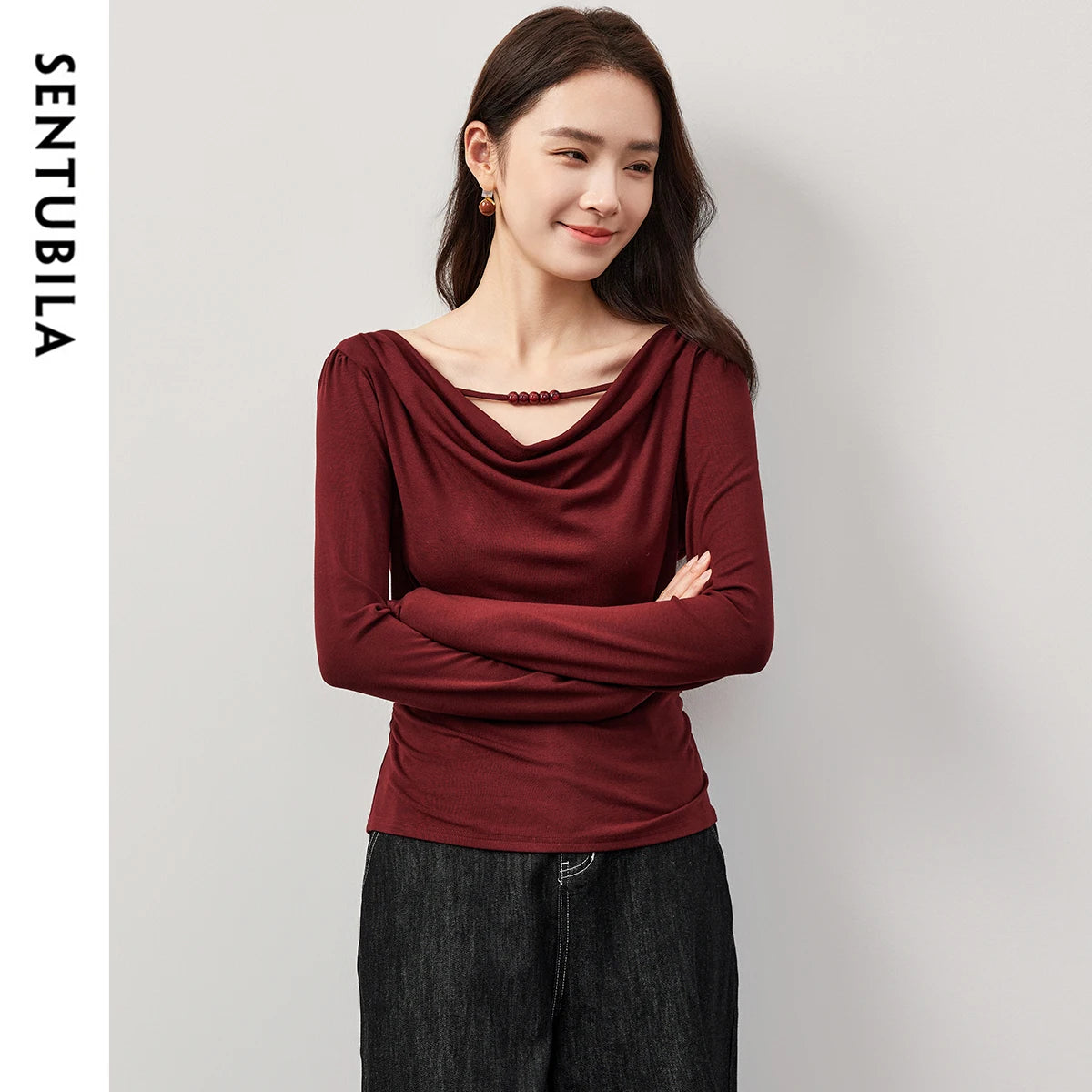 Women’s Swing Collar Slim Fit T-Shirt – Long Sleeve Knitted Pullover, Spring 2025 Fashion