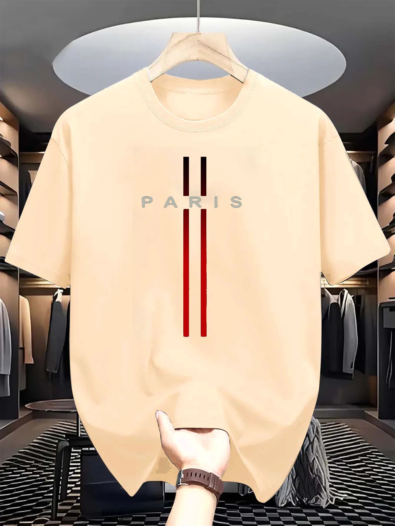 Men’s Cotton Summer T-Shirt – Loose Fit, Paris Letter Print, Round Neck Short Sleeve Top