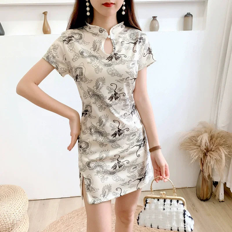 Women’s Vintage Qipao Mini Dress – Sexy Summer Cheongsam, Elegant Club Bodycon Dress
