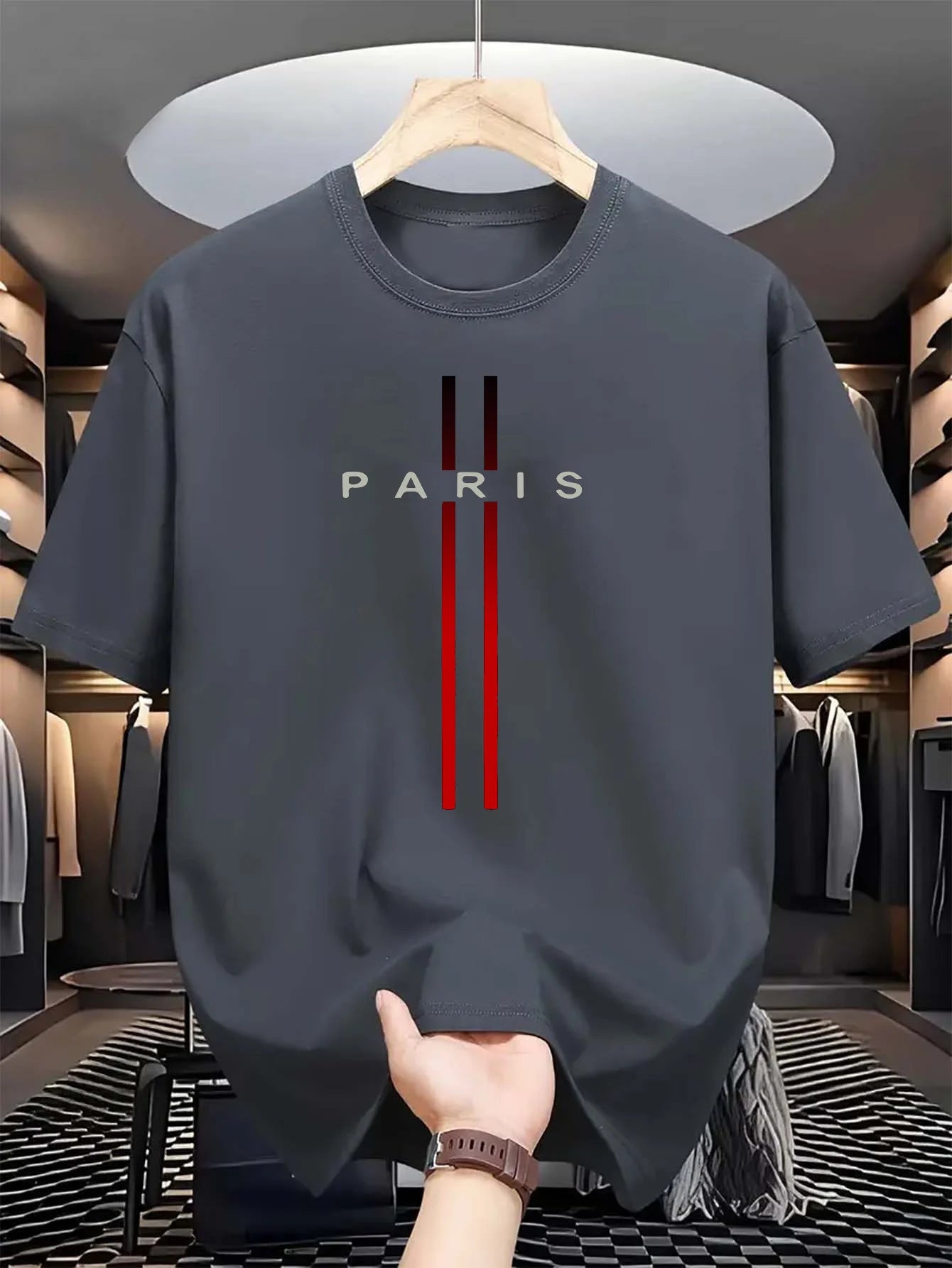 Men’s Cotton Summer T-Shirt – Loose Fit, Paris Letter Print, Round Neck Short Sleeve Top