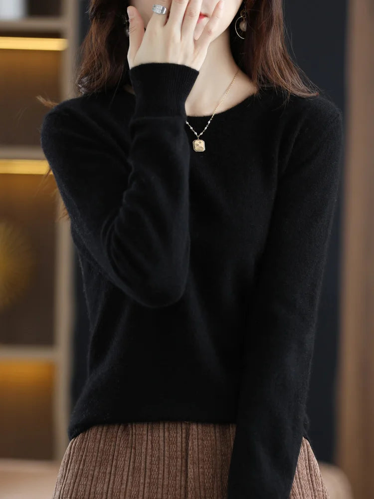 Fashion 100% Merino Wool Women's Sweater O-Neck Long Sleeve Pullover Spring Autumn Winter Basic Jumper Clothing Knitwear Tops